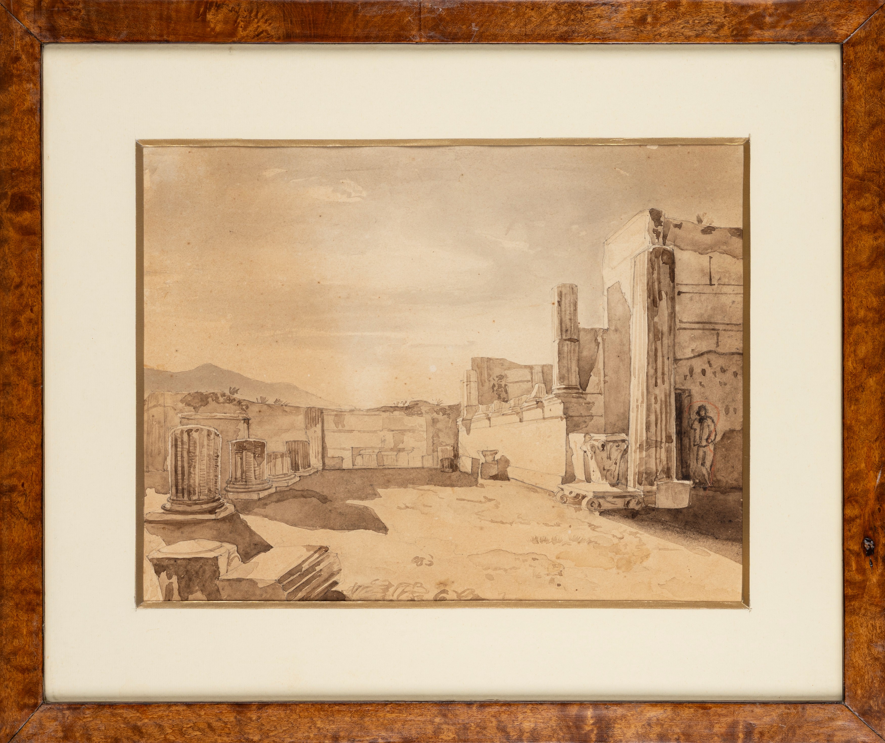 Scuola di Posillipo - Scavi di Pompei, matita e acquerello bruno su cartoncino