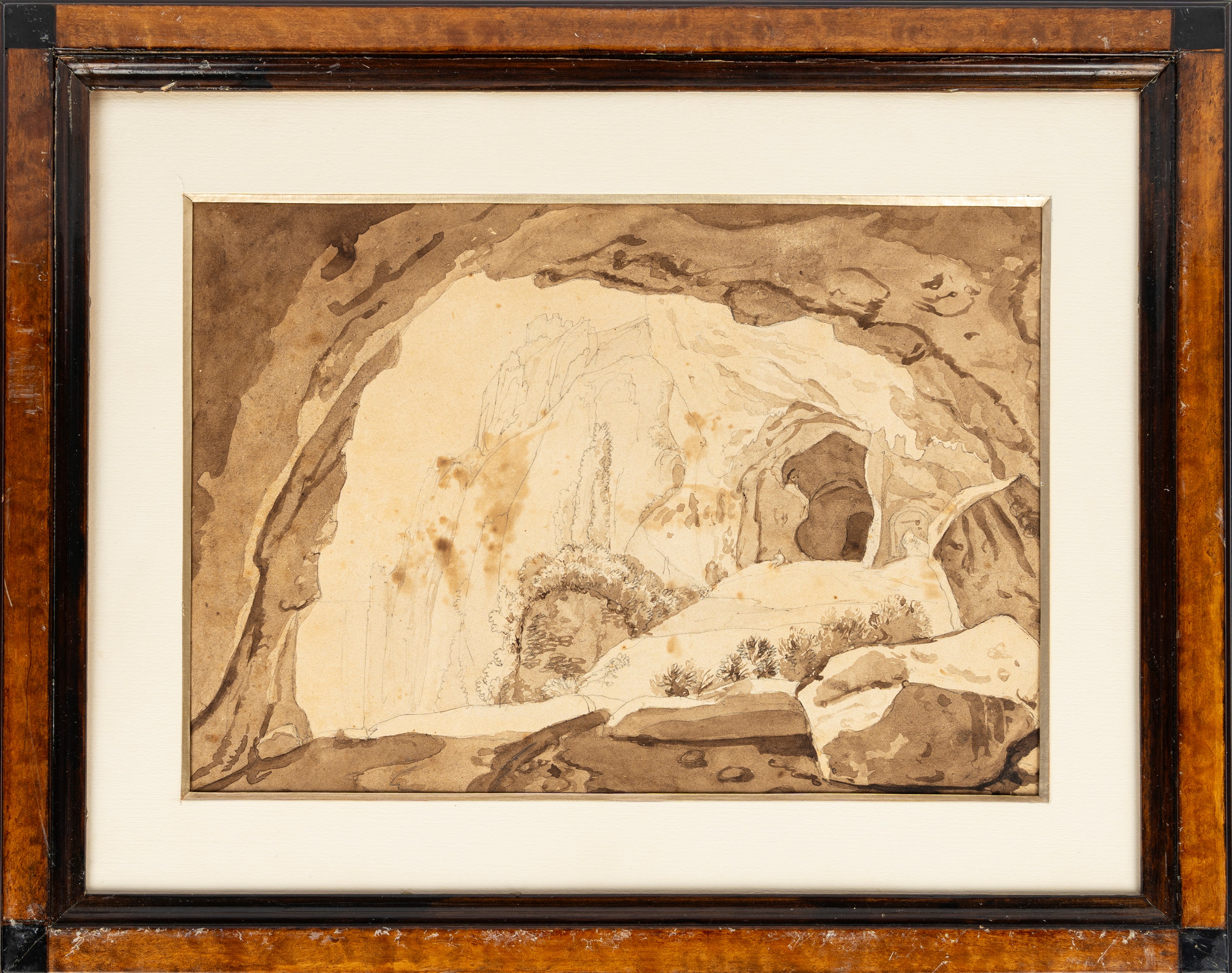 Scuola di Posillipo - Grotte, matita e acquerello bruno su cartoncino