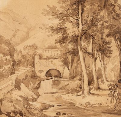 Valle dei mulini ad Amalfi, matita e acquerello bruno su cartoncino