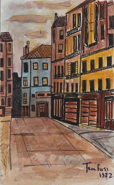 Veduta di città (tecnica mista su carta), 1972