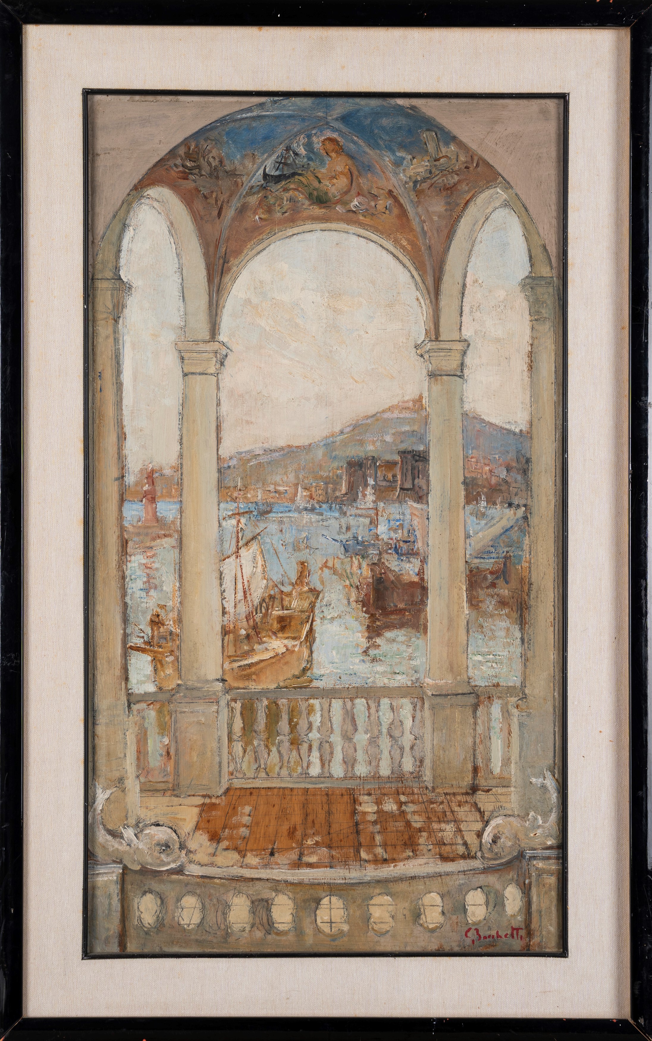 Gaetano Bocchetti - La loggia sul porto, olio su compensato