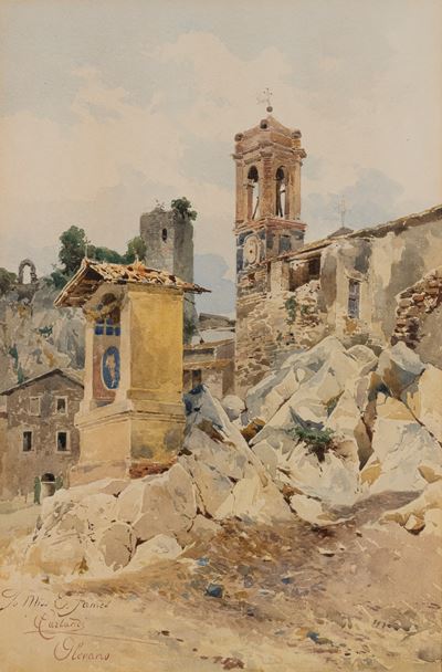 Olevano: il campanile e l’edicola sacra, acquerello su cartoncino