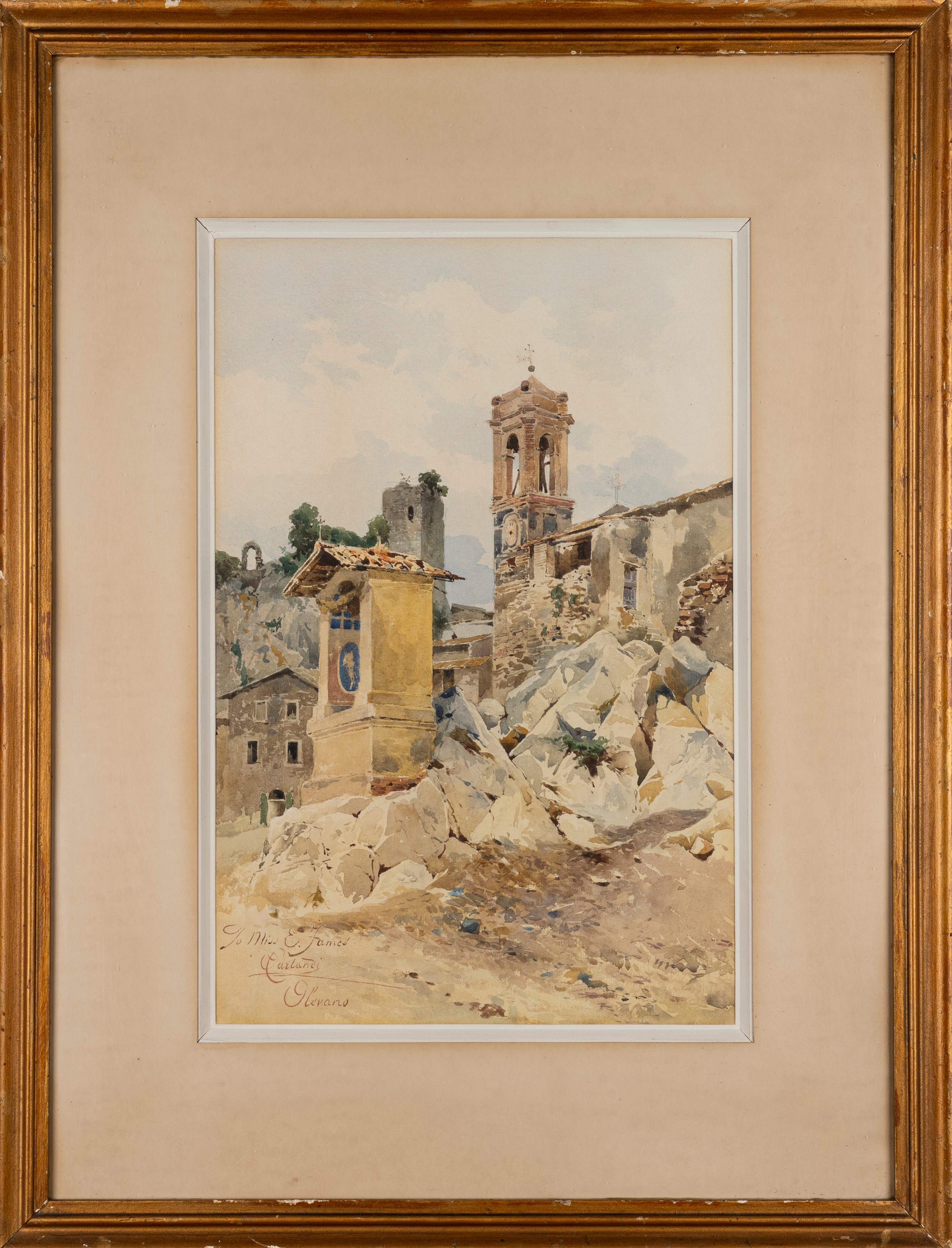 Onorato Carlandi - Olevano: il campanile e l’edicola sacra, acquerello su cartoncino