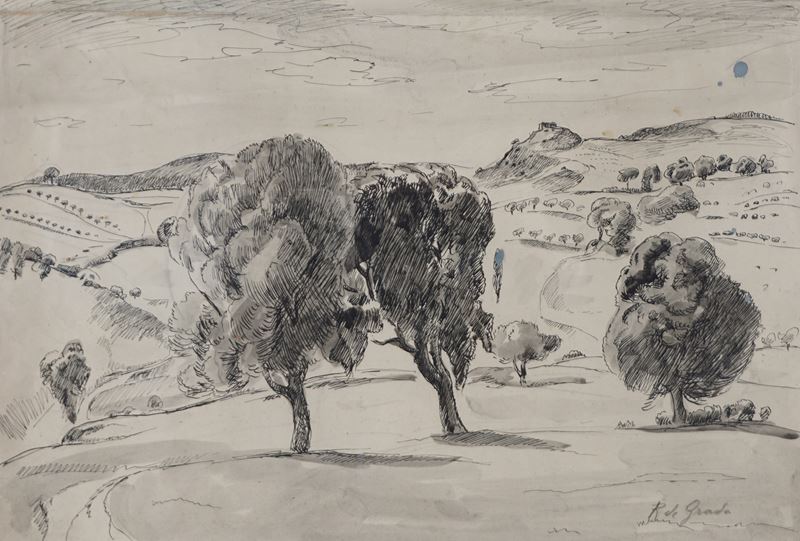 Paesaggio con alberi in primo piano