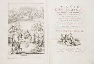 Pregevole trattato araldico, riccamente illustrato, fornito da un dizionario alfabetico francese-italiano-latino in fine e ritenuto per decenni di fondamentale importanza per l’apprendimento della metodologia di ricerca degli stemmi nobiliari. Esemplare con ampi margini. Colanieri 820; Spreti 1774: "Opera rara ed utilissima per ritrovare dato il semplice stemma il nome della famiglia a cui appartiene"; Morazzoni p. 233. L'arte del blasone dichiarata per alfabeto. Con le figure necessarie per la intelligenza de' termini in molte tavole impresse in rame 