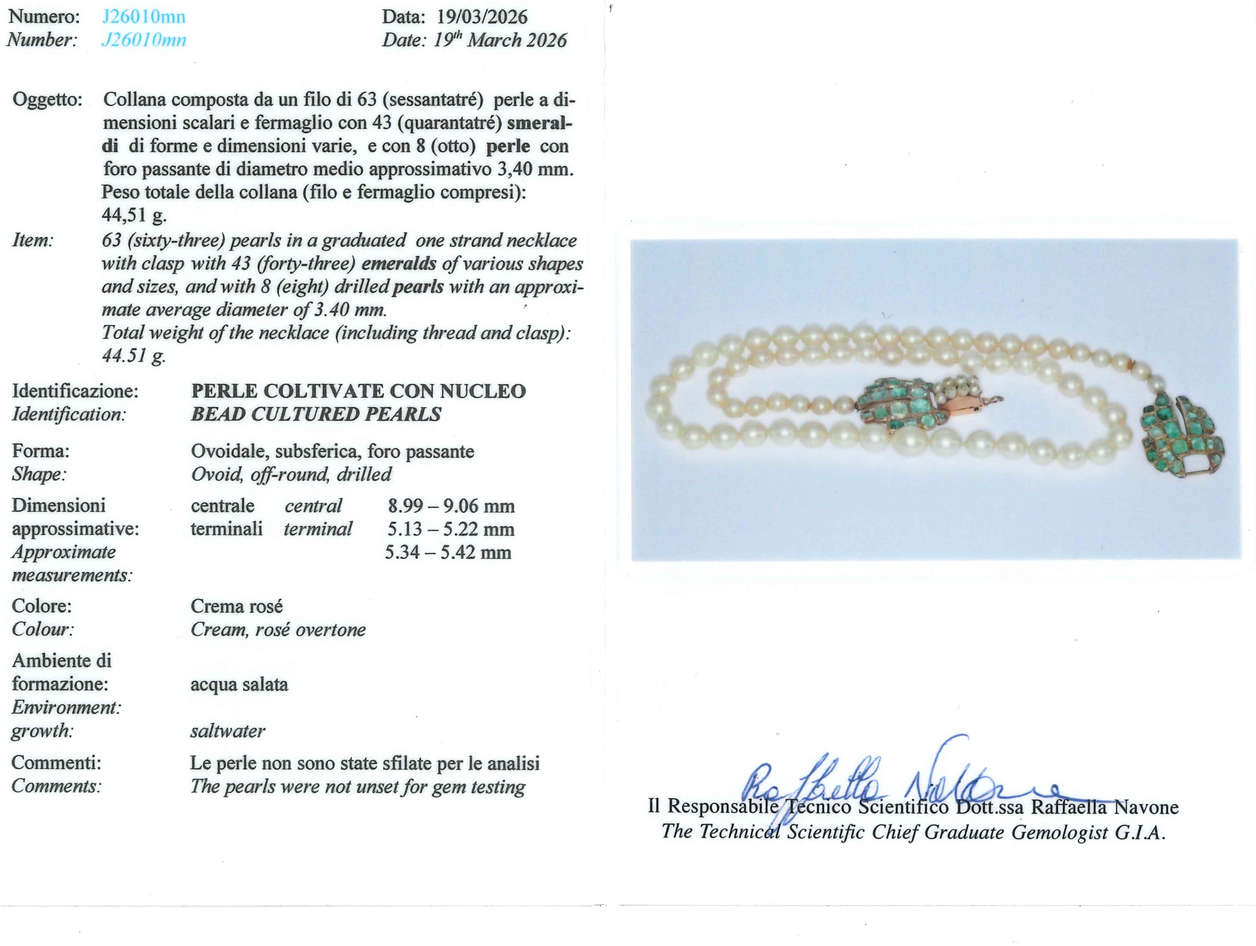 Collana con perle coltivate e smeraldi, in oro giallo 18k