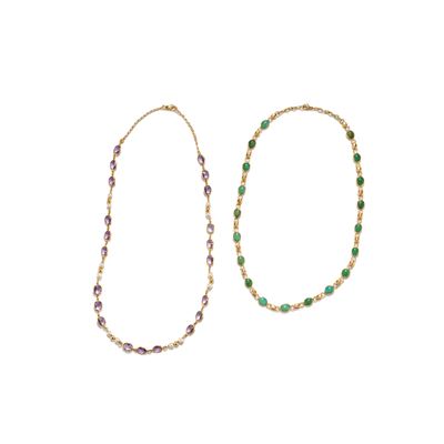 Gioielli in oro giallo 18k, Due collane con pietre colorate e perle coltivate