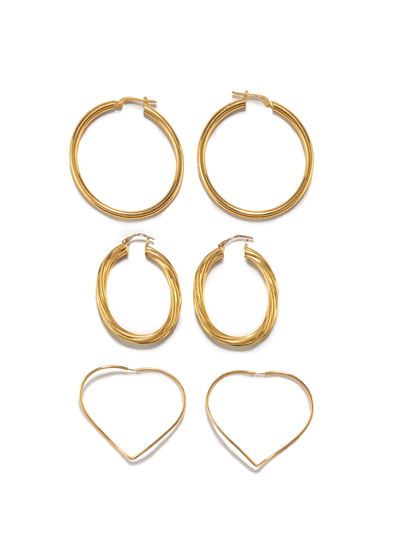 Orecchini in oro giallo 18k, tre coppie (a cuore, a cerchio e ovali)