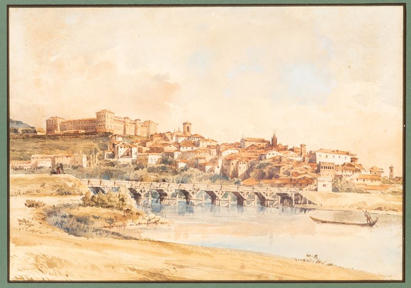 Scuola del Secolo XIX - Veduta del Castello e del Borgo di Moncalieri sul Po, acquerello su carta