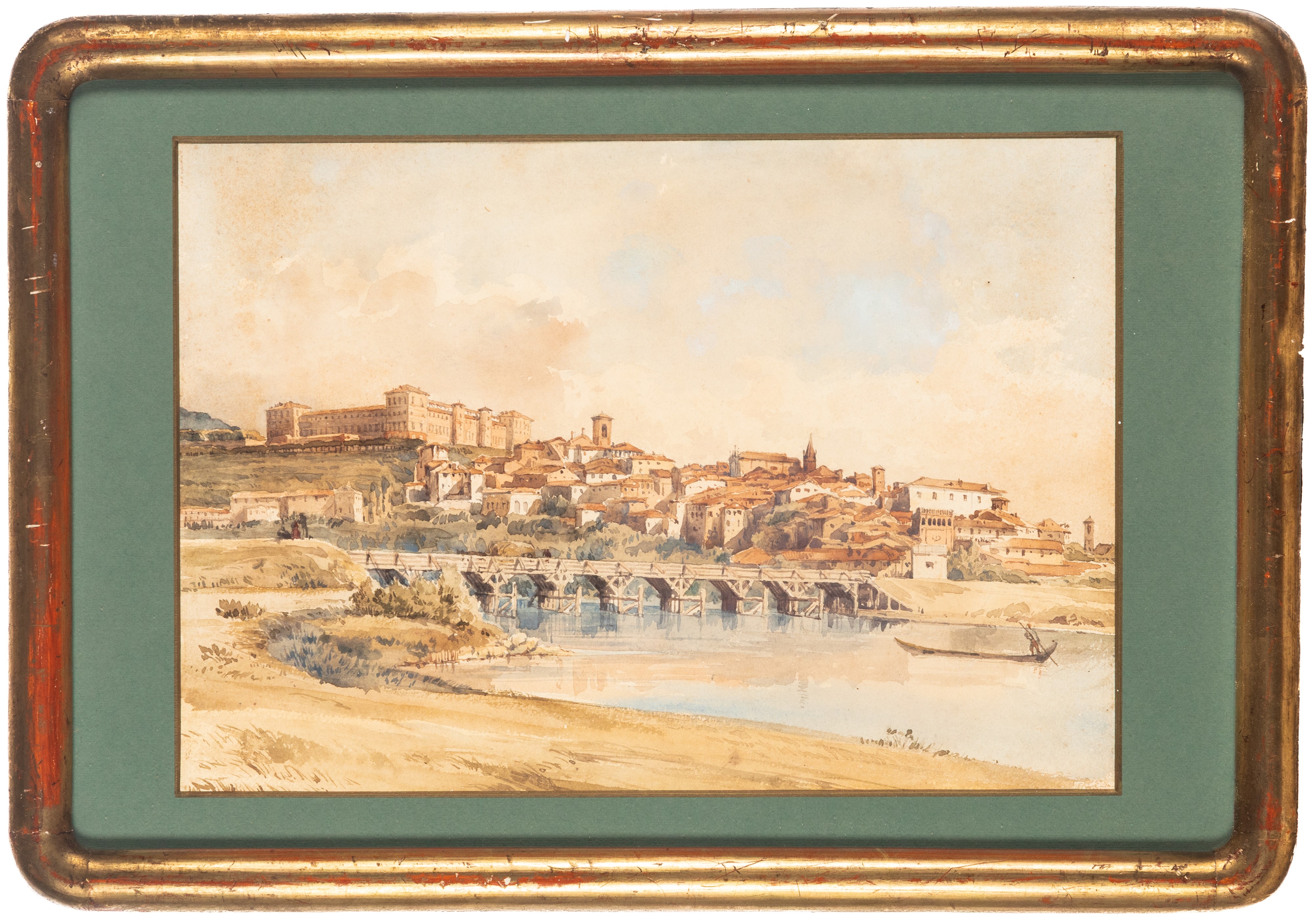 Scuola del Secolo XIX - Veduta del Castello e del Borgo di Moncalieri sul Po, acquerello su carta