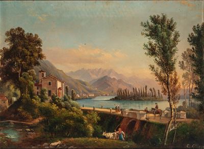 Veduta del Lago di Pusiano in Brianza, olio su tela