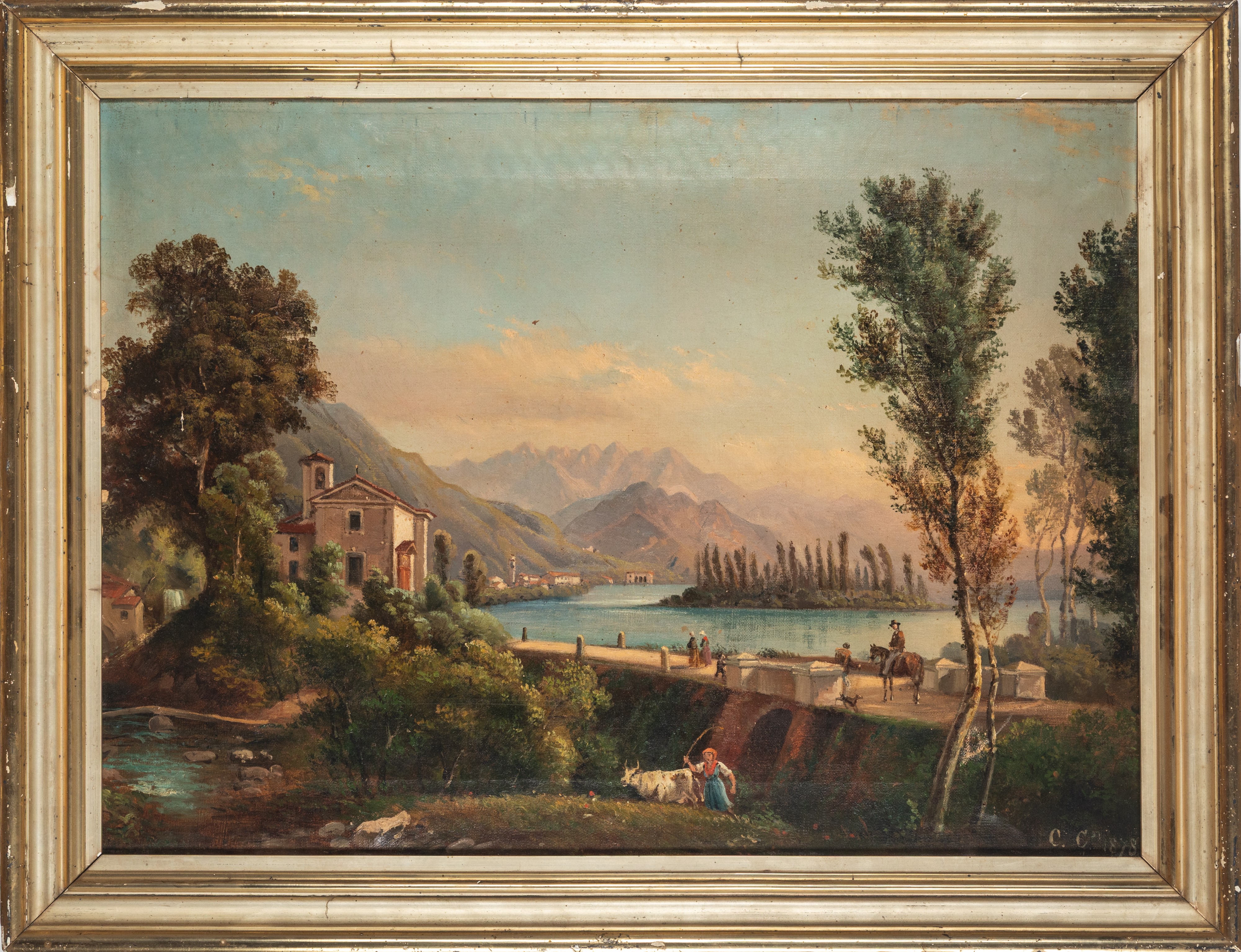Scuola del Secolo XIX - Veduta del Lago di Pusiano in Brianza, olio su tela