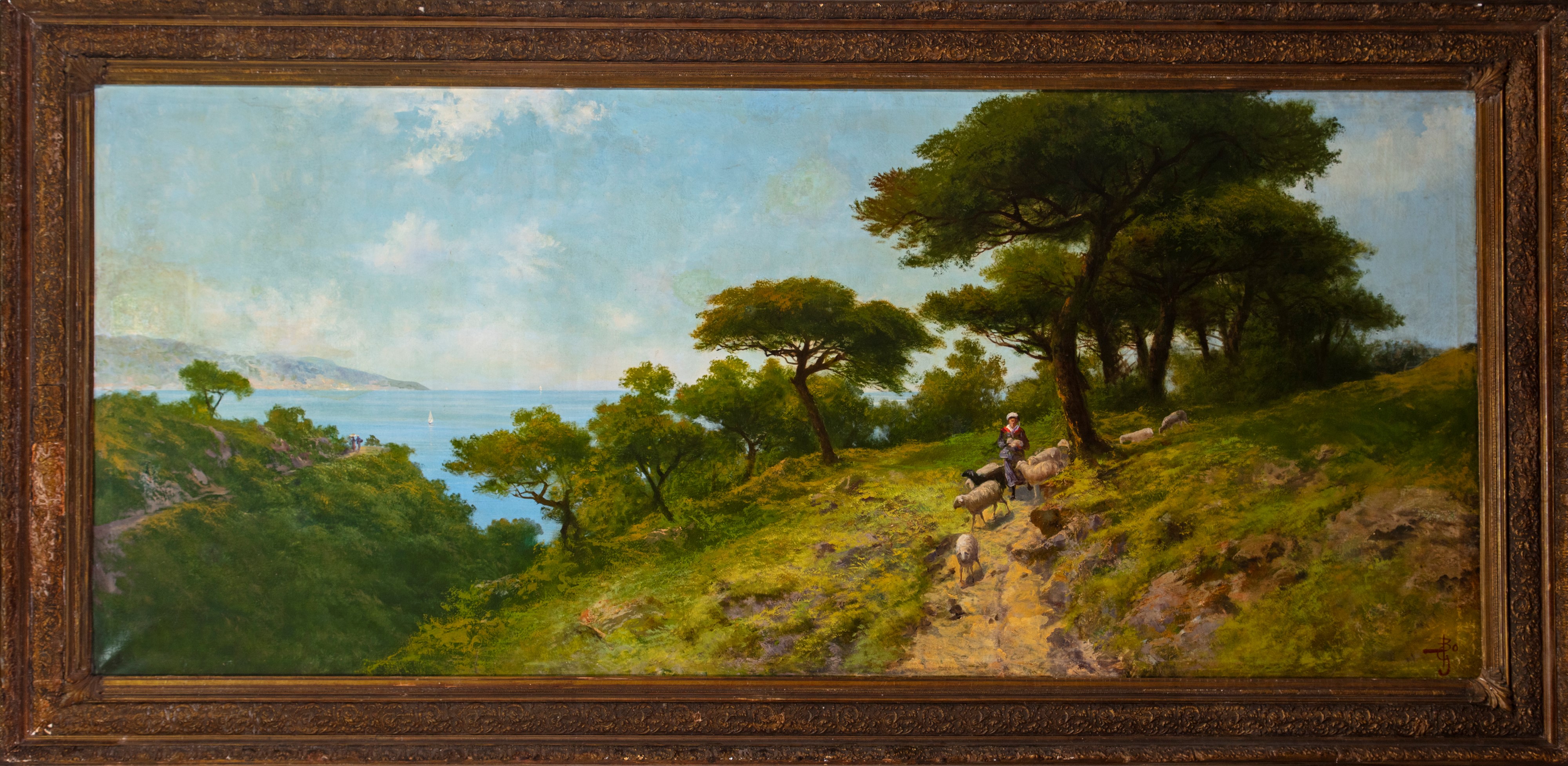 Giacinto Bo - Paesaggio ligure con pastorella, olio su tela