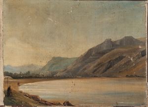 Veduta di lago con pittore in primo piano
