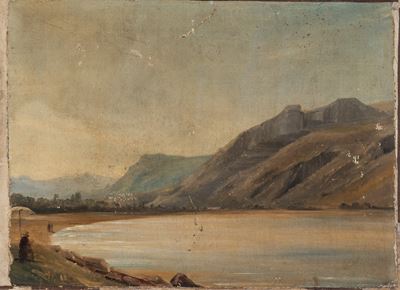 Veduta di lago con pittore in primo piano, olio su tela