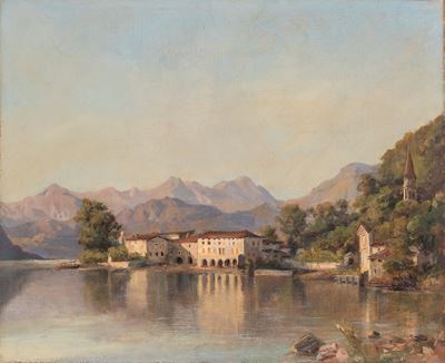 Lago di Lugano, veduta di Bissone, olio su carta applicata a cartone