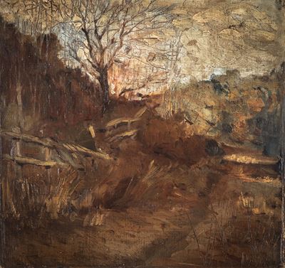Paesaggio autunnale, olio su tela applicata a tavola