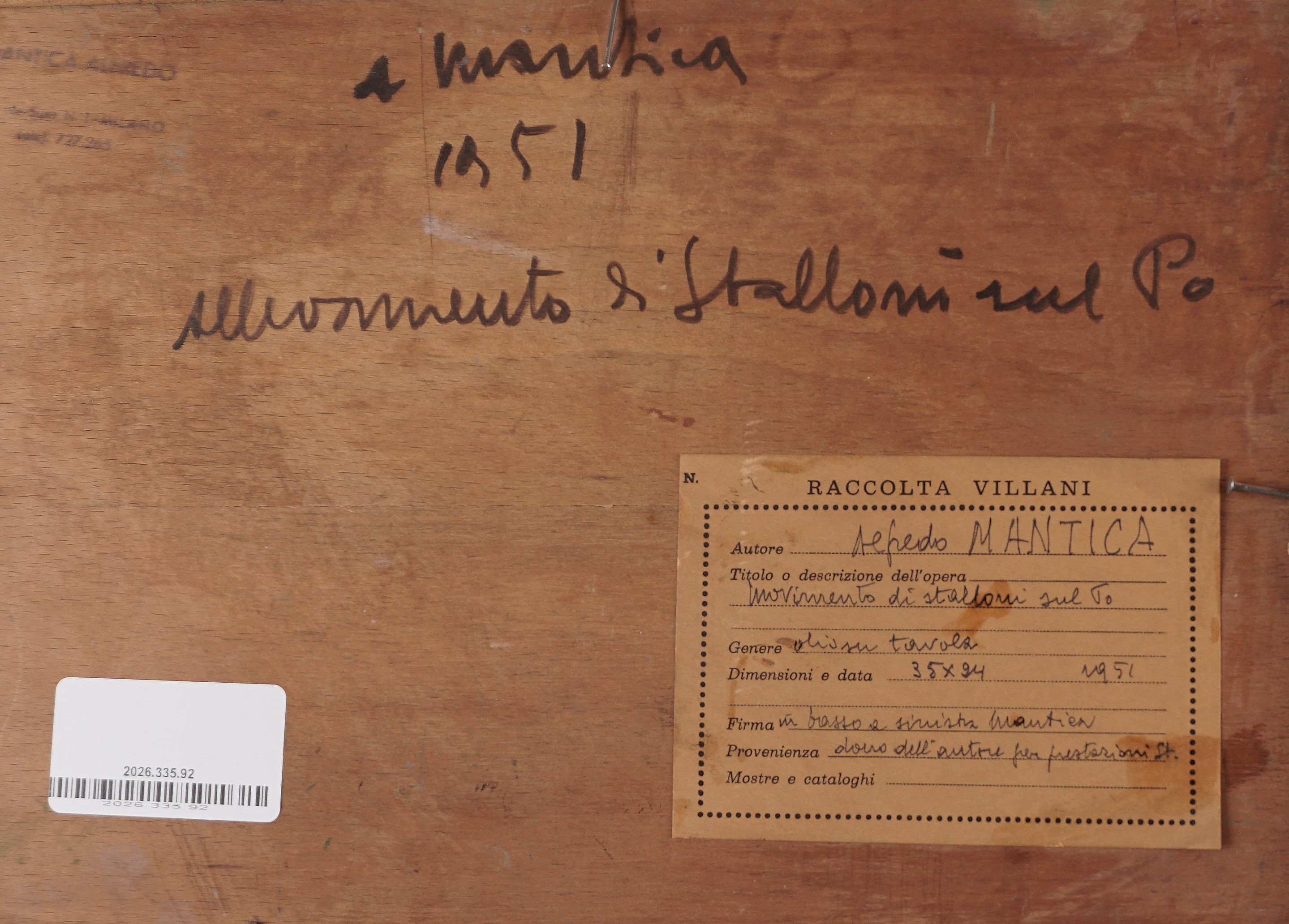 Alfredo Mantica - Movimenti di stalloni sul Po, olio su tavola in cornice