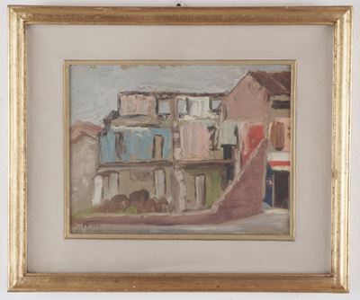 Case, olio su cartone in cornice