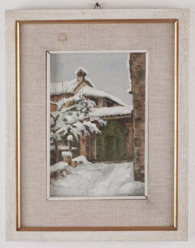 Nevicata a Marchirolo, olio su tavoletta in cornice