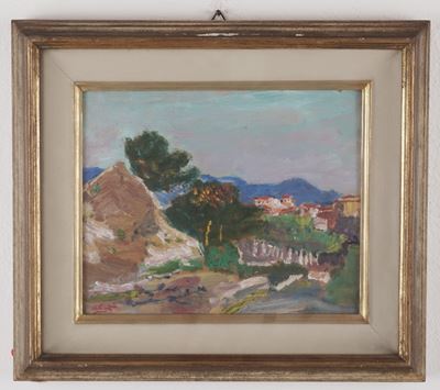 Paesaggio, olio su tavoletta in cornice