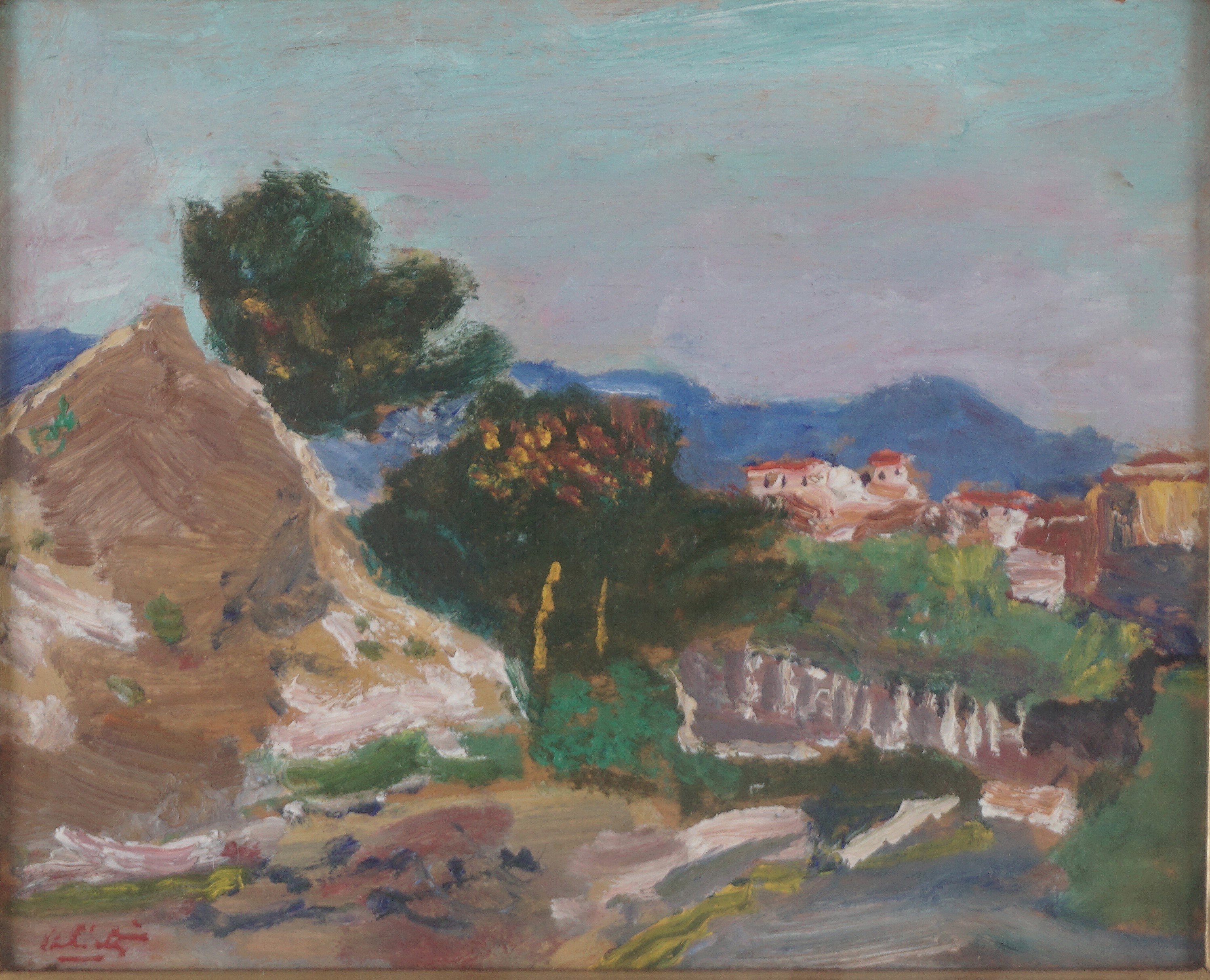 Alberto Salietti - Paesaggio, olio su tavoletta in cornice