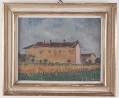 Campagna lombarda d’estate, olio su tavoletta in cornice