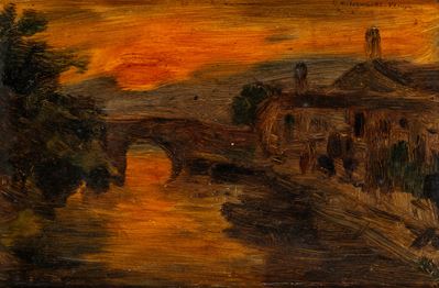 Tramonto sul ponte, olio su compensato