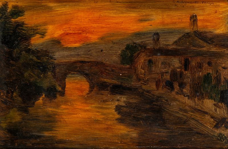 Giuseppe Miti Zanetti - Tramonto sul ponte, olio su compensato