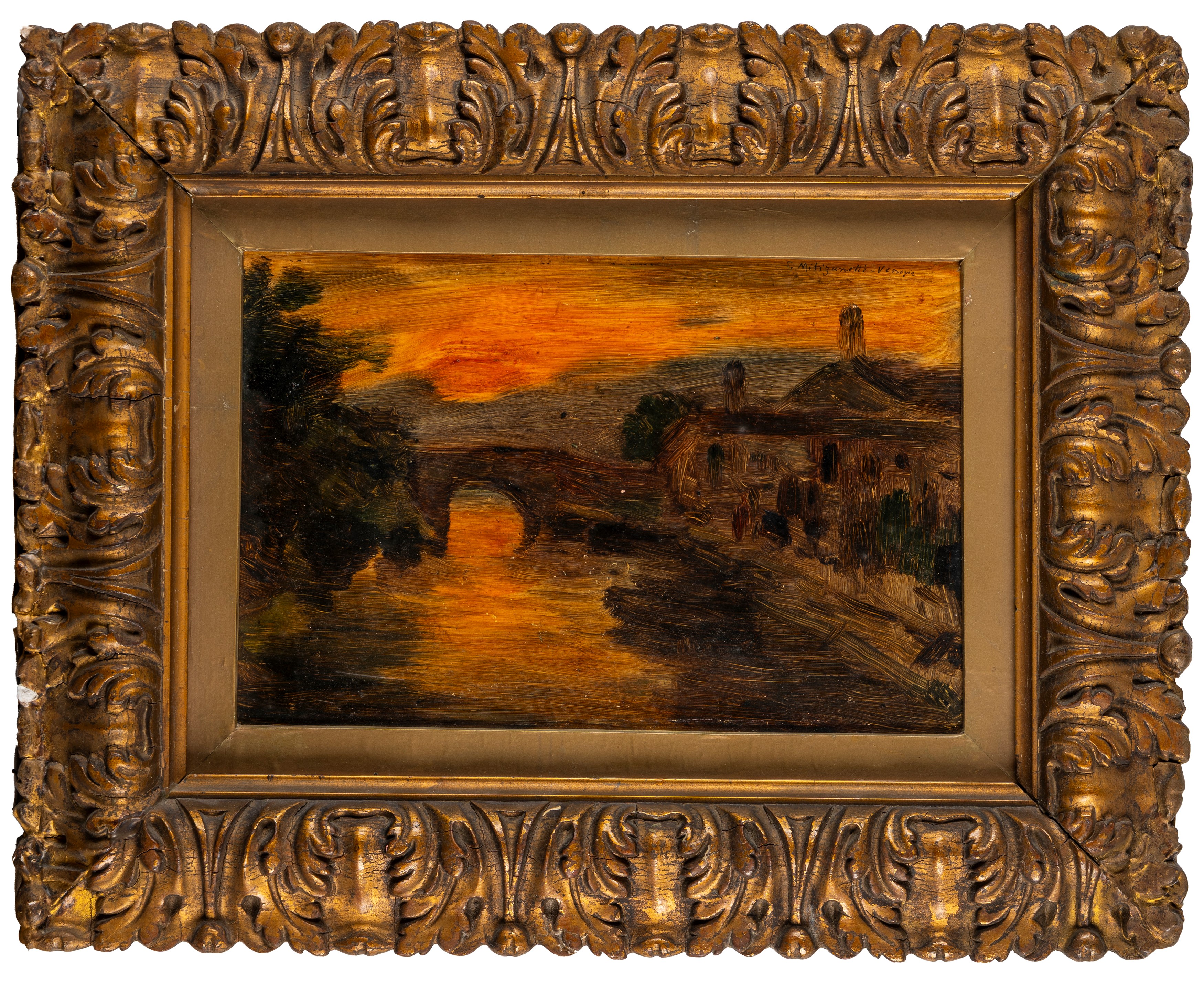Giuseppe Miti Zanetti - Tramonto sul ponte, olio su compensato