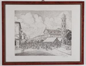 Lot of four etchings of different subjects and sizes by E. Pasinetti, Nunzio Sciavarello, Dino Villani and L. Polacchini