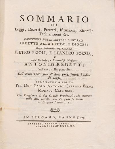 Sommario di Leggi, Decreti, Precetti, istruzioni, Ricordi e Dichiarazioni (1754)