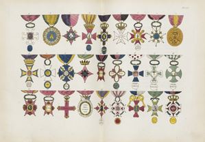 Prima edizione di questo importante lavoro che riapre le ricerche sugli ordini cavallereschi di ogni parte del mondo, suggestivamente illustrati. Colas 2319;  Brunet, IV, 516.  Collection historique des ordres de chevalerie civils et militaires existant chez les différens peuples du monde