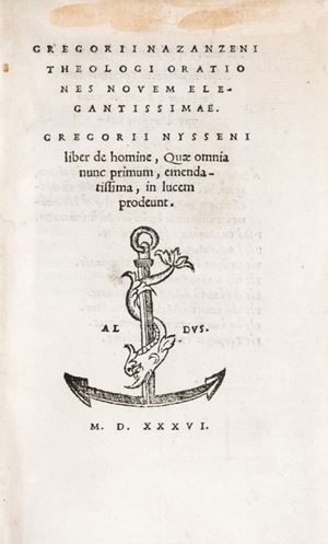 Comprende la seconda edizione aldina del Nazianzeno, opportunamente corretta e la prima edizione aldina del Nissenus. Elegante il carattere greco utilizzato dagli eredi di Aldo.
Renouard 116.5; Adams G1160. Orationes nouem elegantissimae