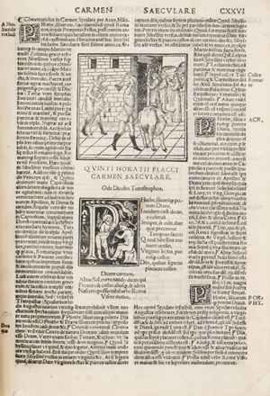 Horatius cum quinque commentis. Quin. Horatii Flacci poemata omnia: commentantibus Antonio Mancinello: Acrone: Porphyrione: Ioanne Britanico: necnon & Iodoco Badio Ascensio: viris eruditissimis. Centimetrum Marii Seruii. Annotationes Aldi Manutii Romani. Ratio mensuum: quibus odae tenentur: eodem Aldo auctore. Nicolai Peroti Libellus de metris odarum. Annotationes Matthaei Bonfinis Asculani.