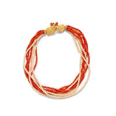 Collana, oro giallo 18k, corallo e perle coltivate