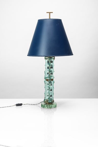 Lampada da tavolo, vetro scalpellato e ottone