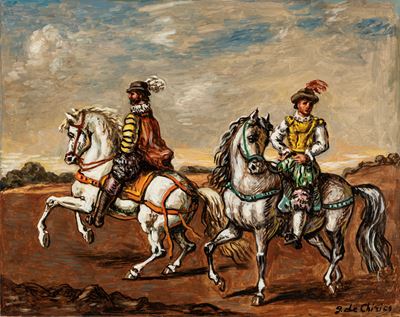 Due cavalieri in un paesaggio, olio su tela