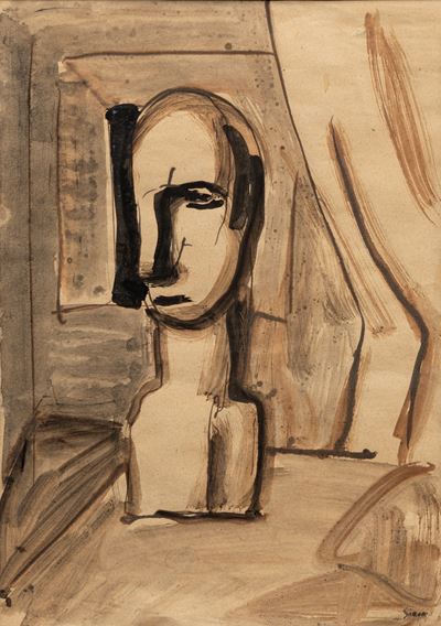 Interno e busto, tempera e china su carta