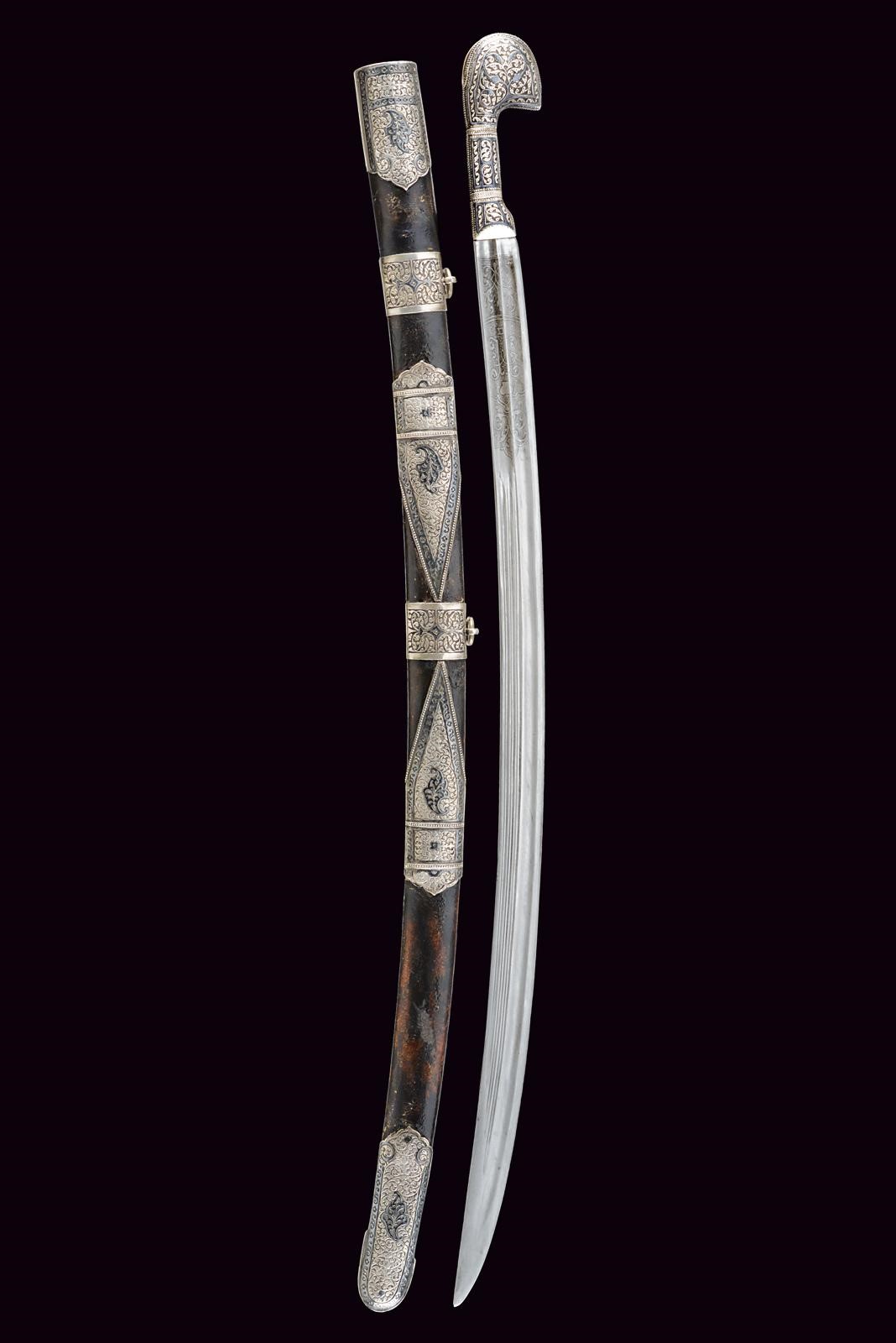 Russia imperiale, Shasqua con fornimenti in argento niellato, epoca Nicola II (fine XIX–inizio XX...