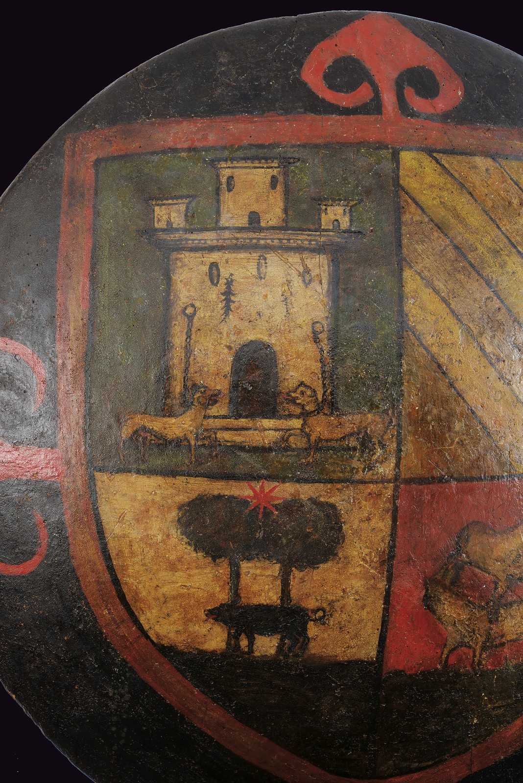 Scudo da parata, pergamena dipinta e stemma, legno (Spagna, XVI secolo circa)