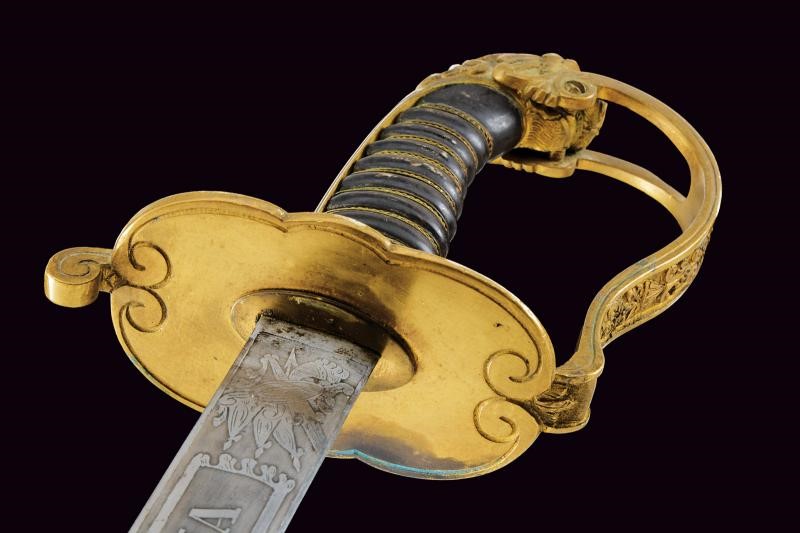 Spada da ufficiale subalterno della Guardia Civica, Modello 1847, lama in acciaio con decorazioni...