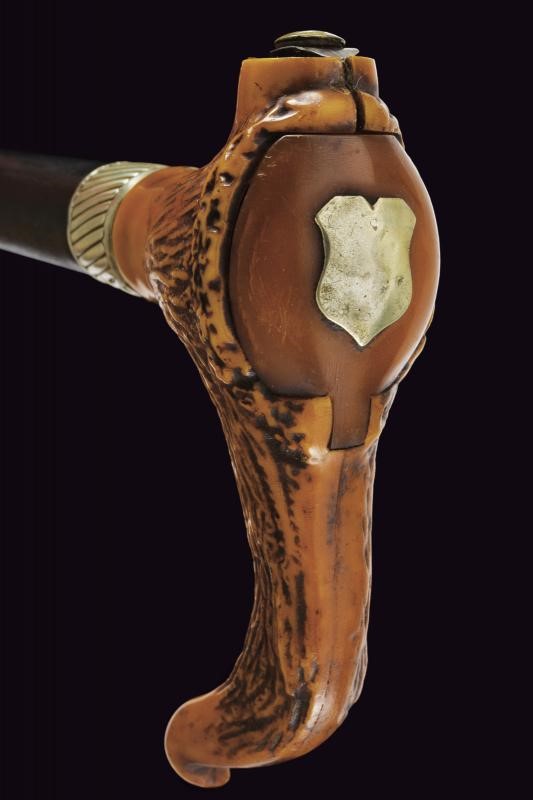 Bastone animato con spadino, impugnatura in materiale artificiale, ghiera in argento