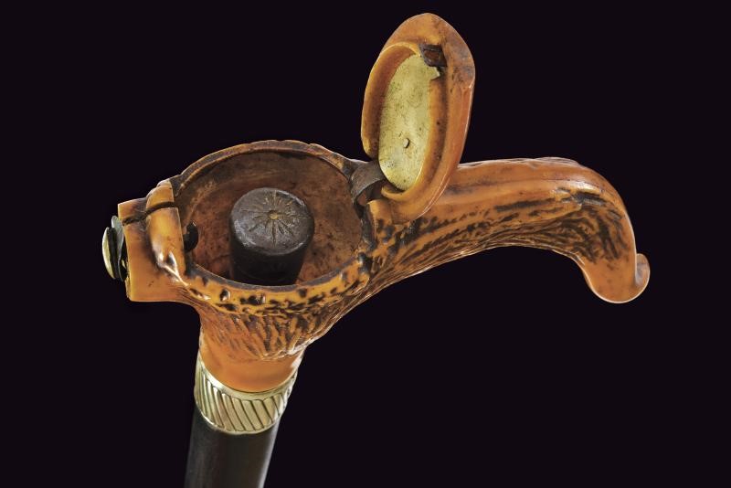 Bastone animato con spadino, impugnatura in materiale artificiale, ghiera in argento