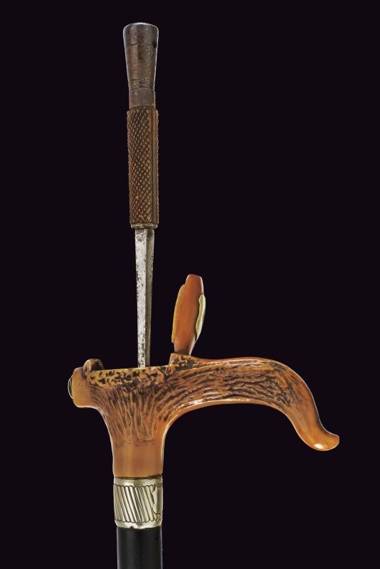 Bastone animato con spadino, impugnatura in materiale artificiale, ghiera in argento