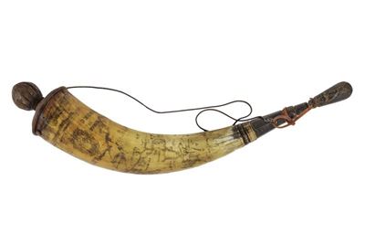 Canada, Corno da polvere inciso in corno (1767/1775) con cannello marcato