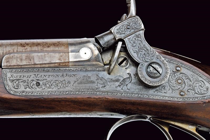 Joseph Manton & Son, Coppia di doppiette a luminello con incisioni a racemi, prima metà XIX secol...