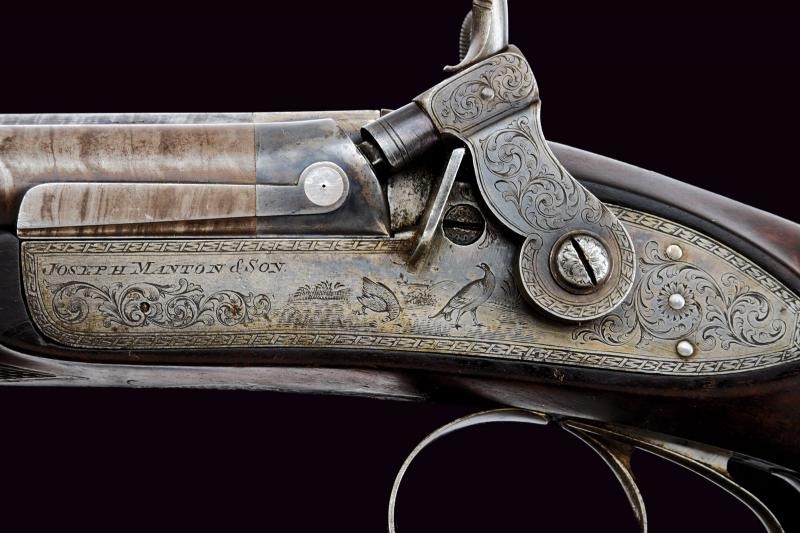 Joseph Manton & Son, Coppia di doppiette a luminello con incisioni a racemi, prima metà XIX secol...