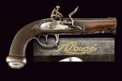 Rougé, Pistola a pietra focaia, canna ottagonale micro-rigata brunita e damascata, Belgio, circa ...