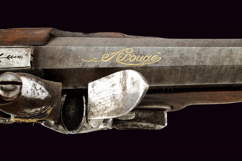 Rougé, Pistola a pietra focaia, canna ottagonale micro-rigata brunita e damascata, Belgio, circa ...
